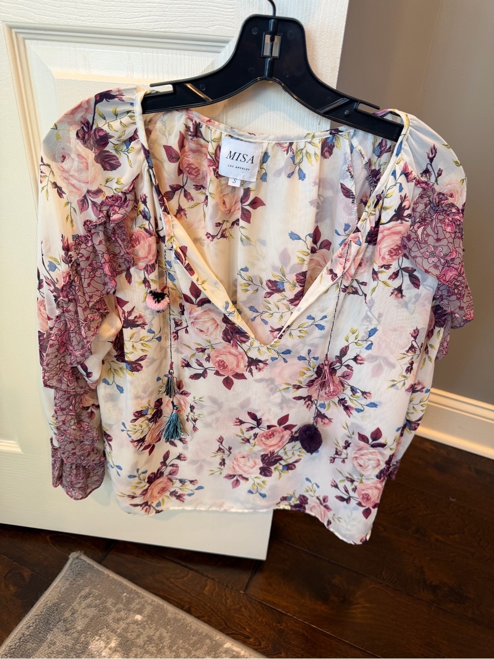 Misa Los Angeles Floral V-Neck Blouse in Cream and Pink